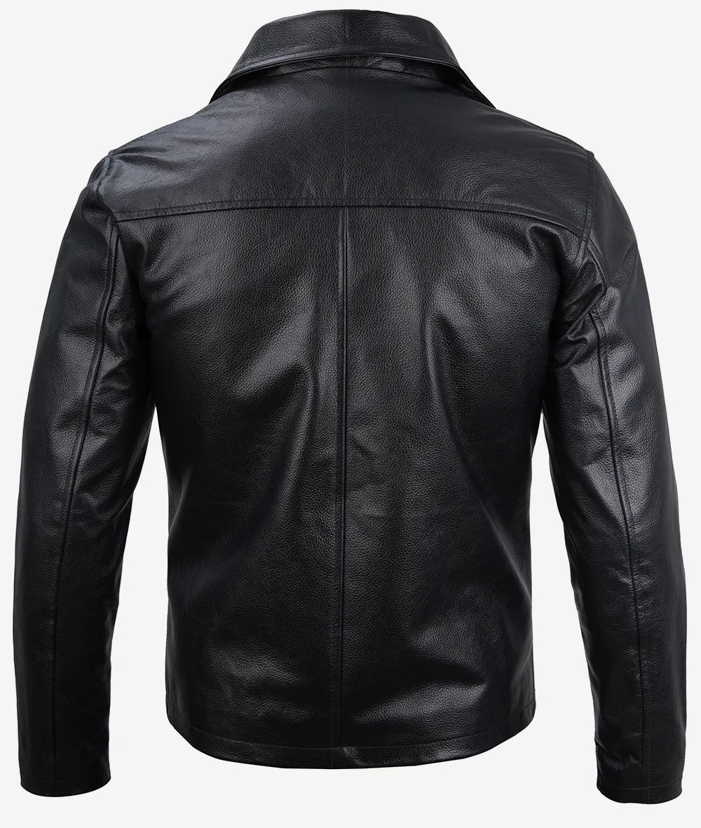 Mens Black Shirt Collar Cowhide Leather Jacket