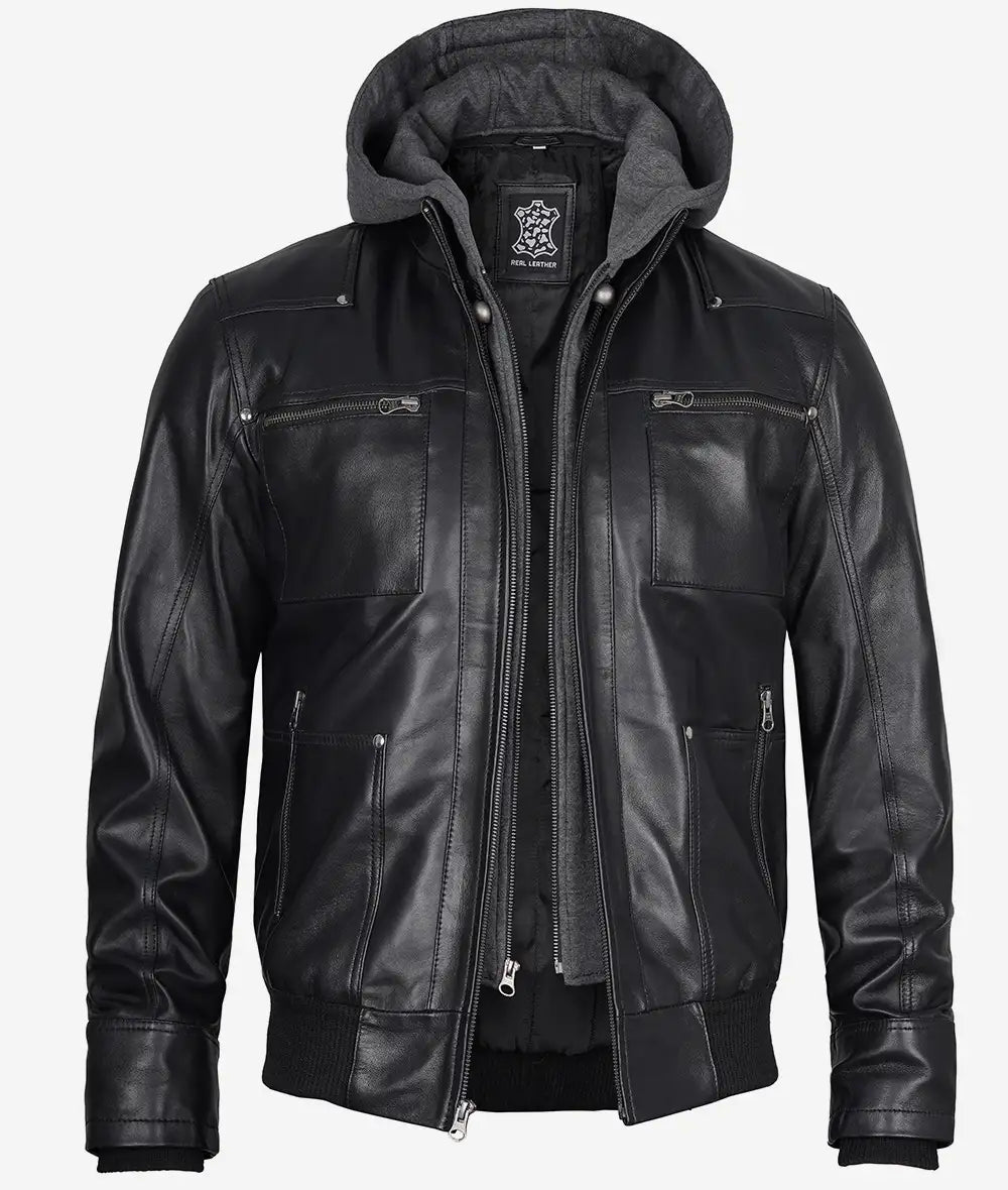 Men's Black Leather Bomber Jacket with Removable Hood