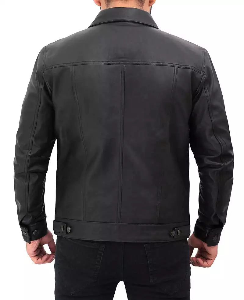 Mens Four Pockets Black Leather Trucker Jacket