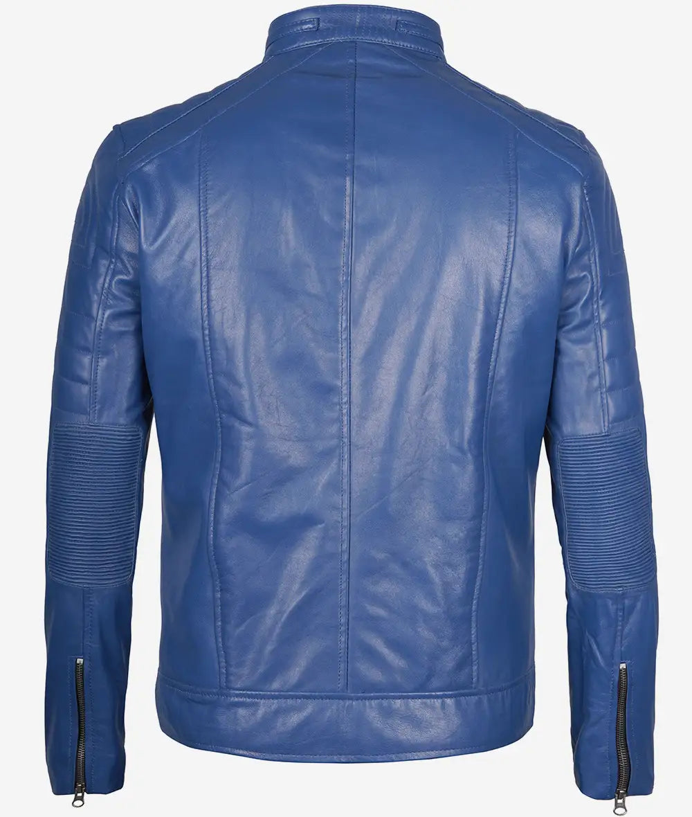 Men's Slim Fit Blue Cafe Racer Leather Jacket