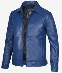 Mens Shirt Collar Blue Leather Jacket