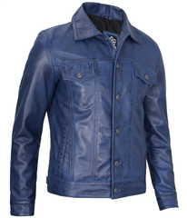 Mens Real Lambskin Leather Blue Trucker Jacket