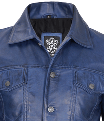 Mens Real Lambskin Leather Blue Trucker Jacket