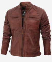 Men's Café Racer Cognac Leather Jacket Quilted Shoulder