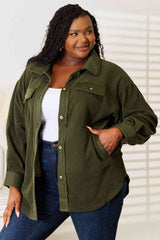 Heimish Cozy Girl Full Size Button Down Shacket Green