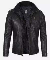 Men's Black Washed Leather Biker Jacket