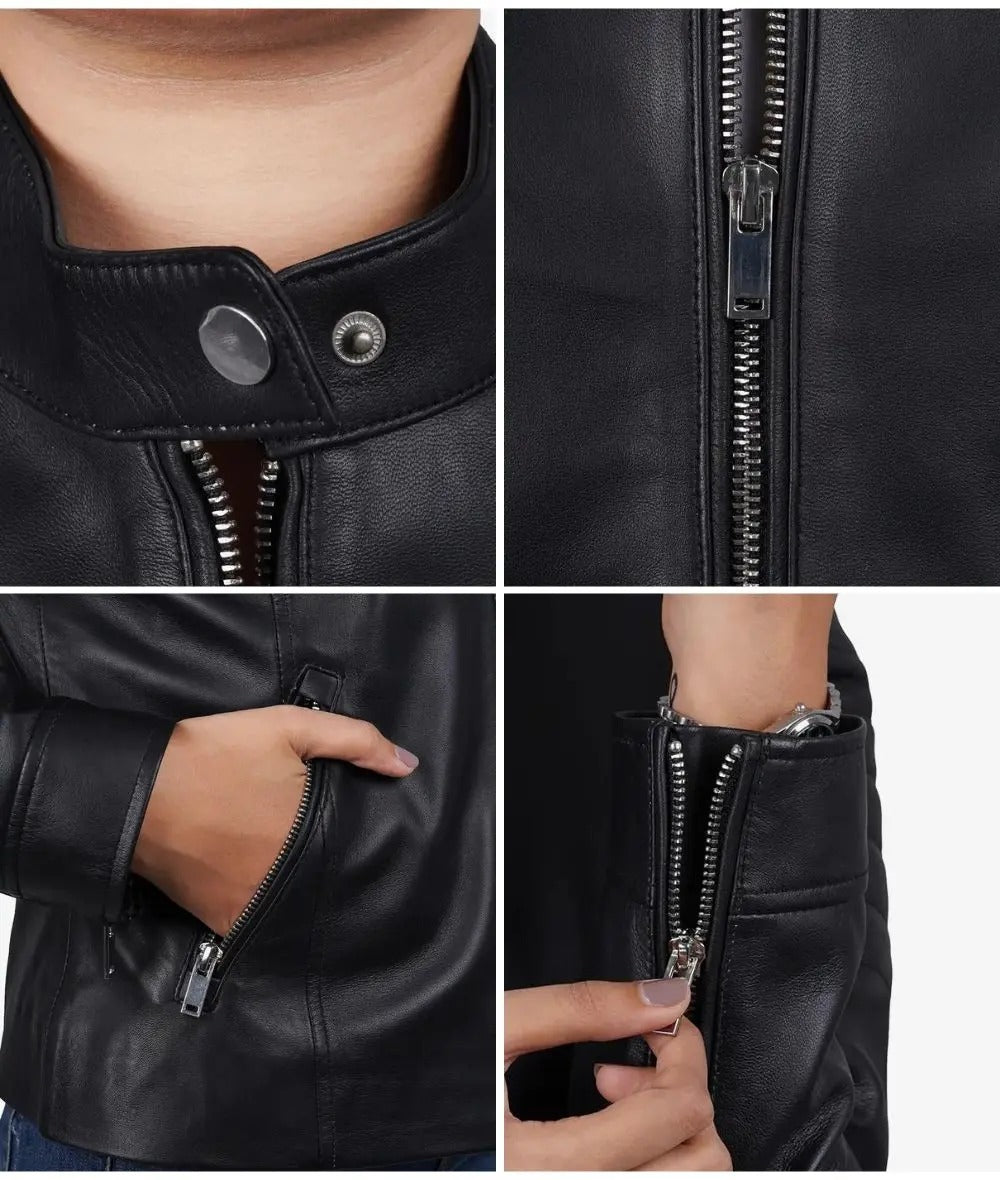 Womens Black Lambskin Leather Relaxed Fit Biker Jacket