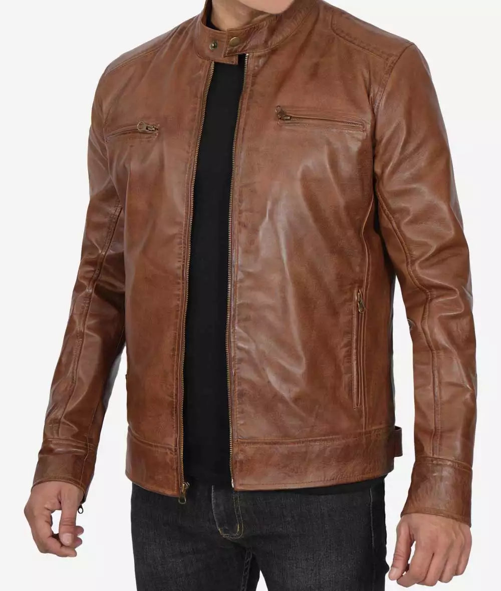 Dodge Men's Waxed Chocolate Brown Cafe Racer Motorcycle Leather Jacket