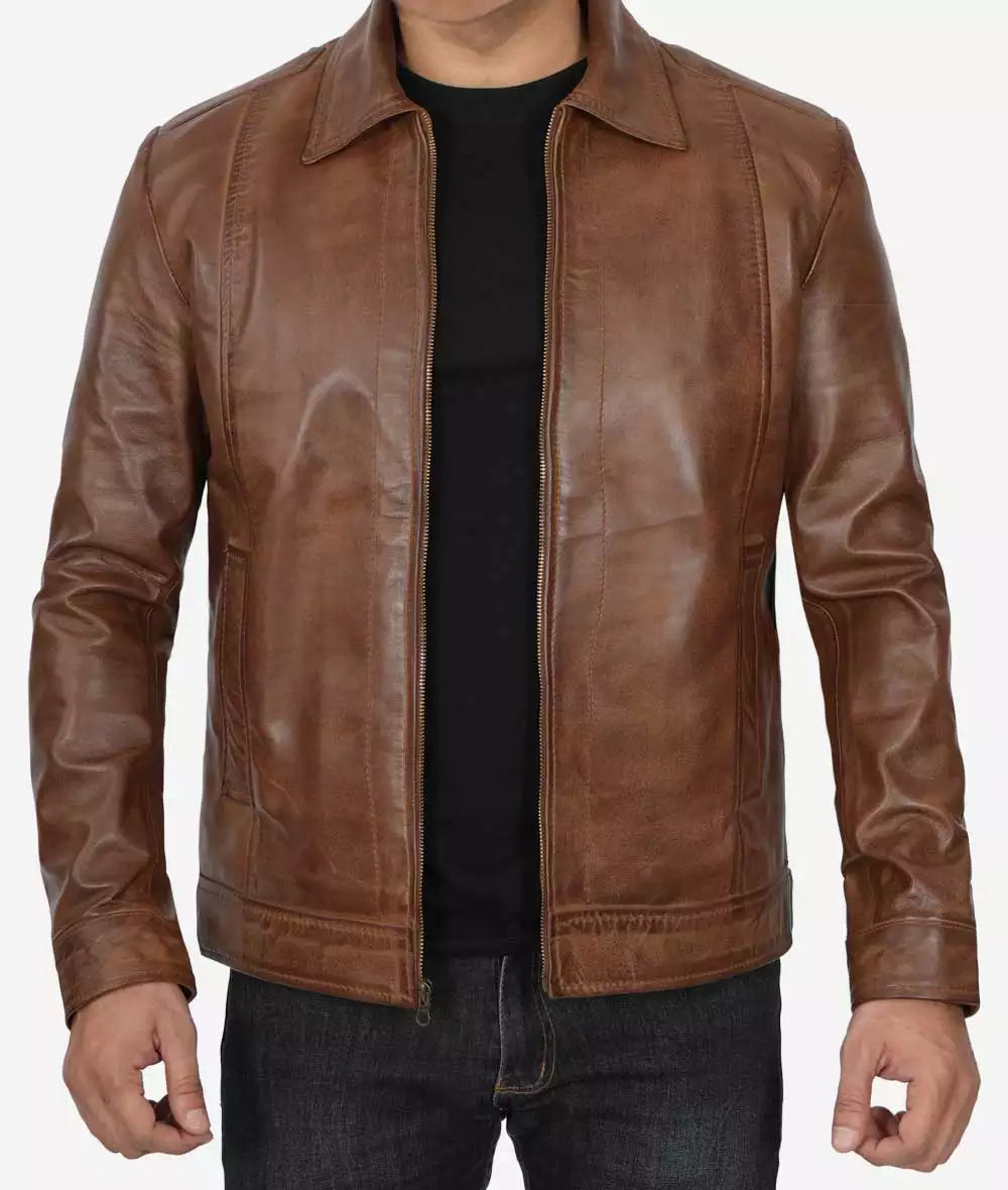 Reeves Mens Shirt Collar Chocolate Brown Leather Jacket