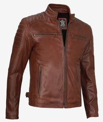 Mens Cognac Waxed Cafe Racer Leather Jacket