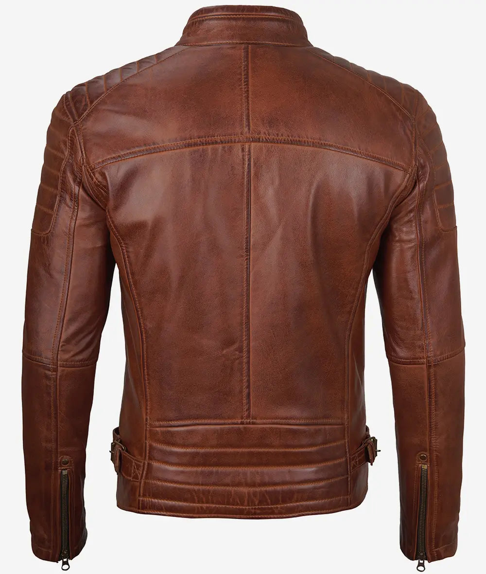 Mens Cognac Waxed Cafe Racer Leather Jacket