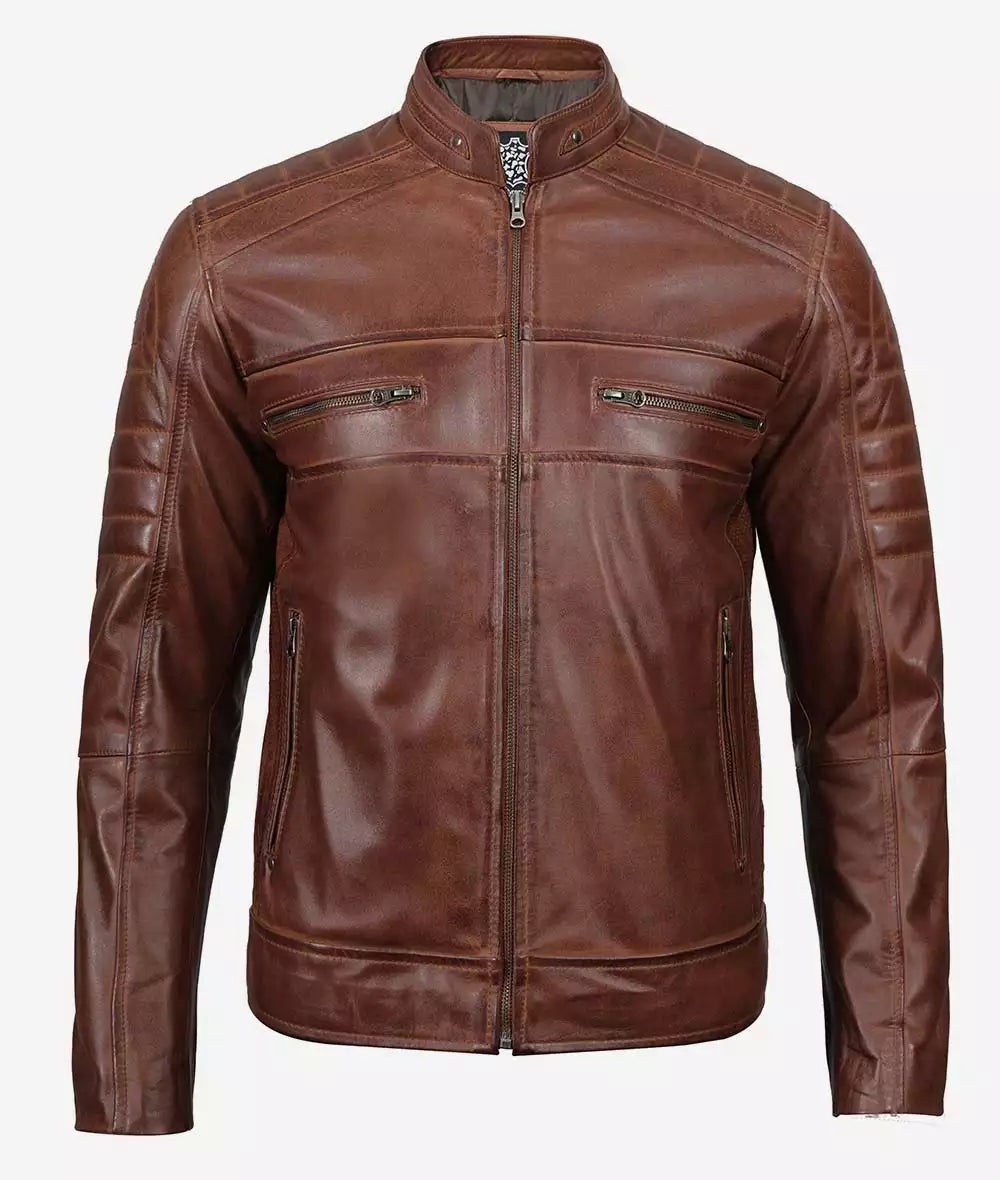 Men's Cognac Cafe Racer Leather Jacket