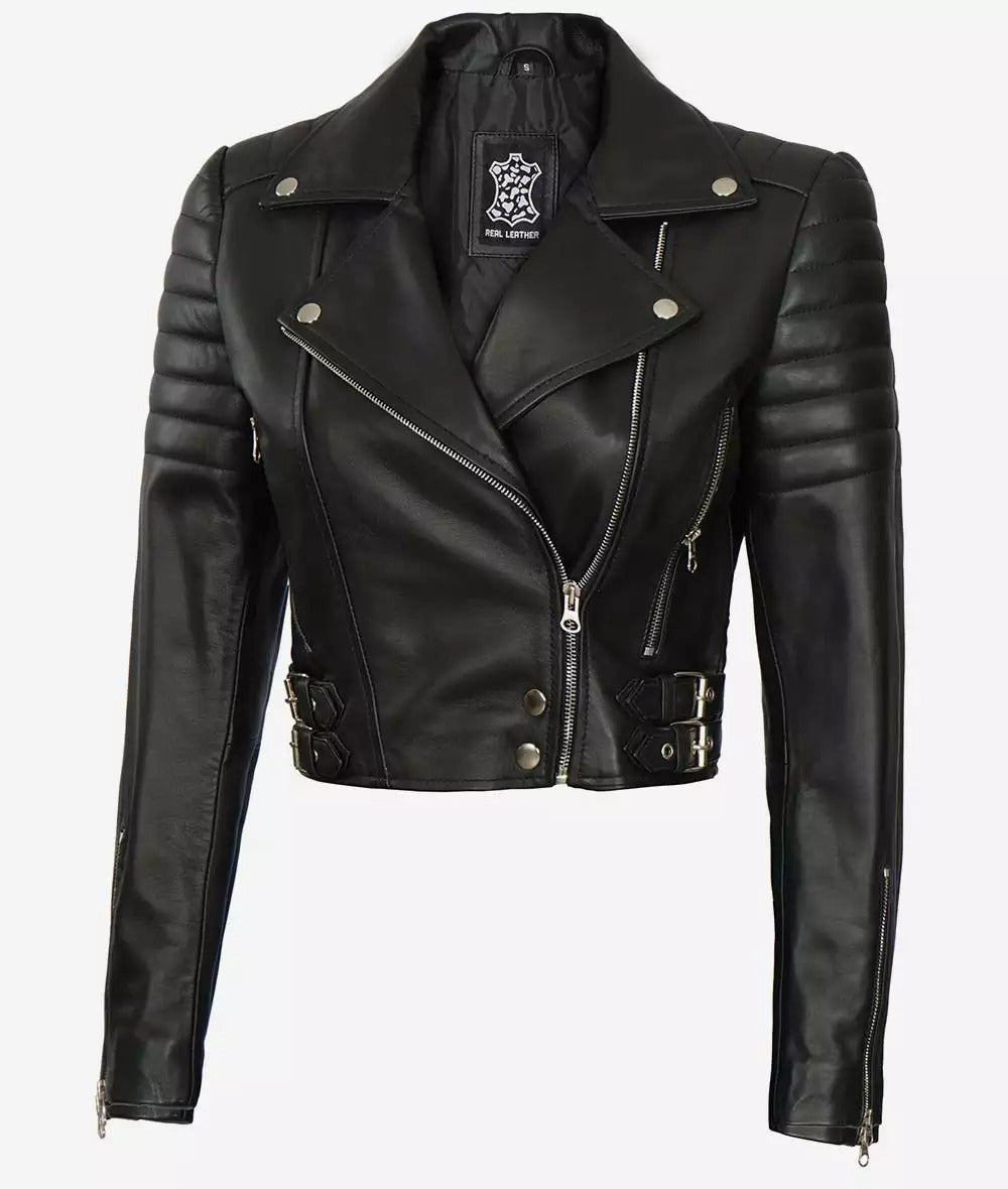 Women Asymmetrical Black Cropped Moto Leather Jacket