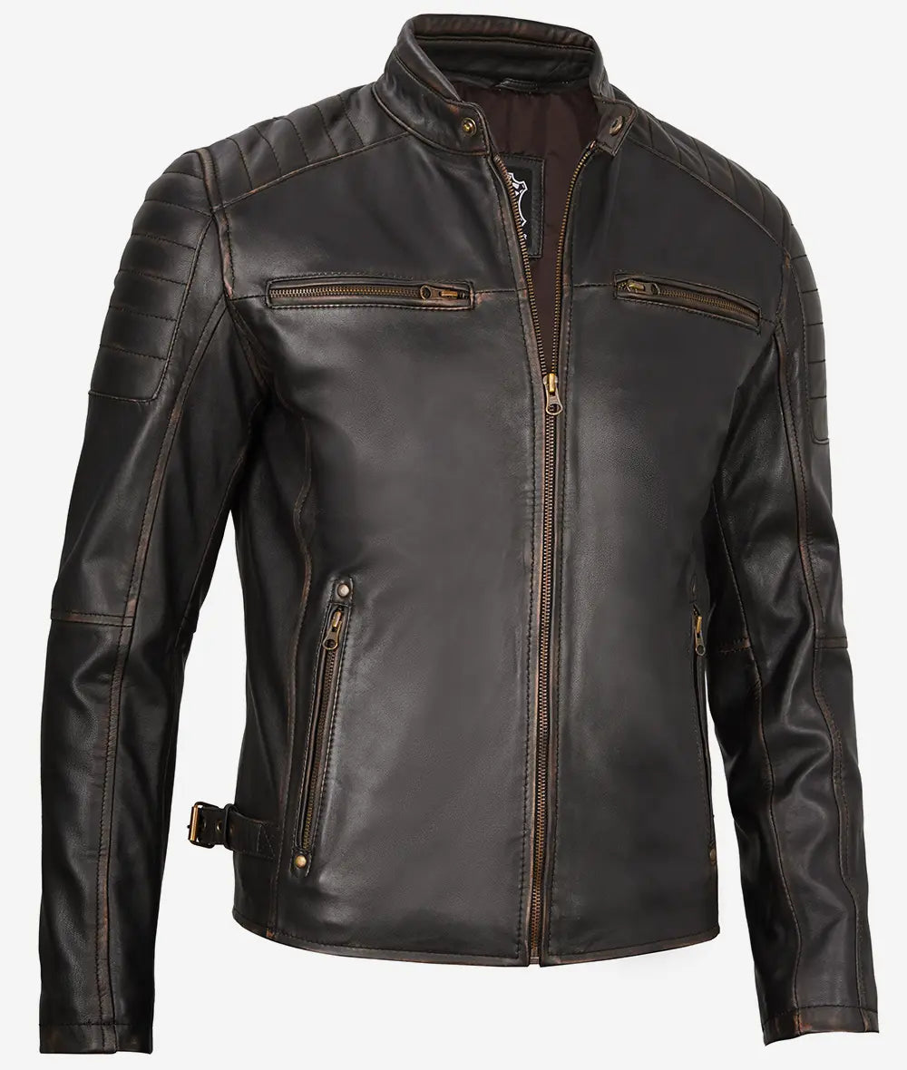 Mens Rub Off Brown Cafe Racer Leather Jacket