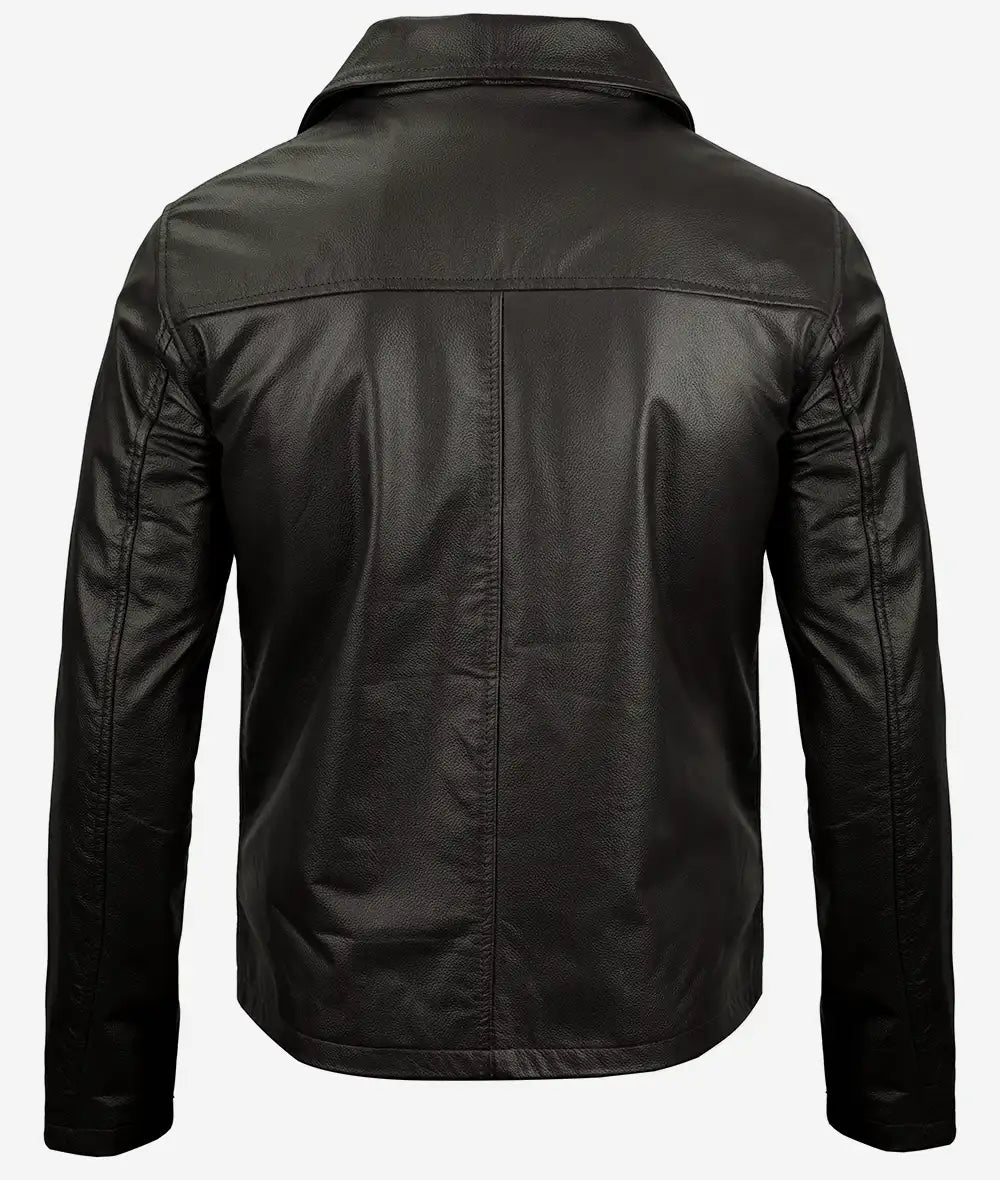 Men's Dark Brown Cowhide Leather Jacket with Shirt Collar