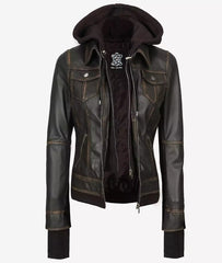 Women's Rub off Brown Bomber Leather Jacket with Removable Hood