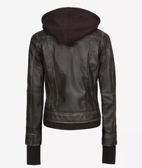 Women's Rub off Brown Bomber Leather Jacket with Removable Hood