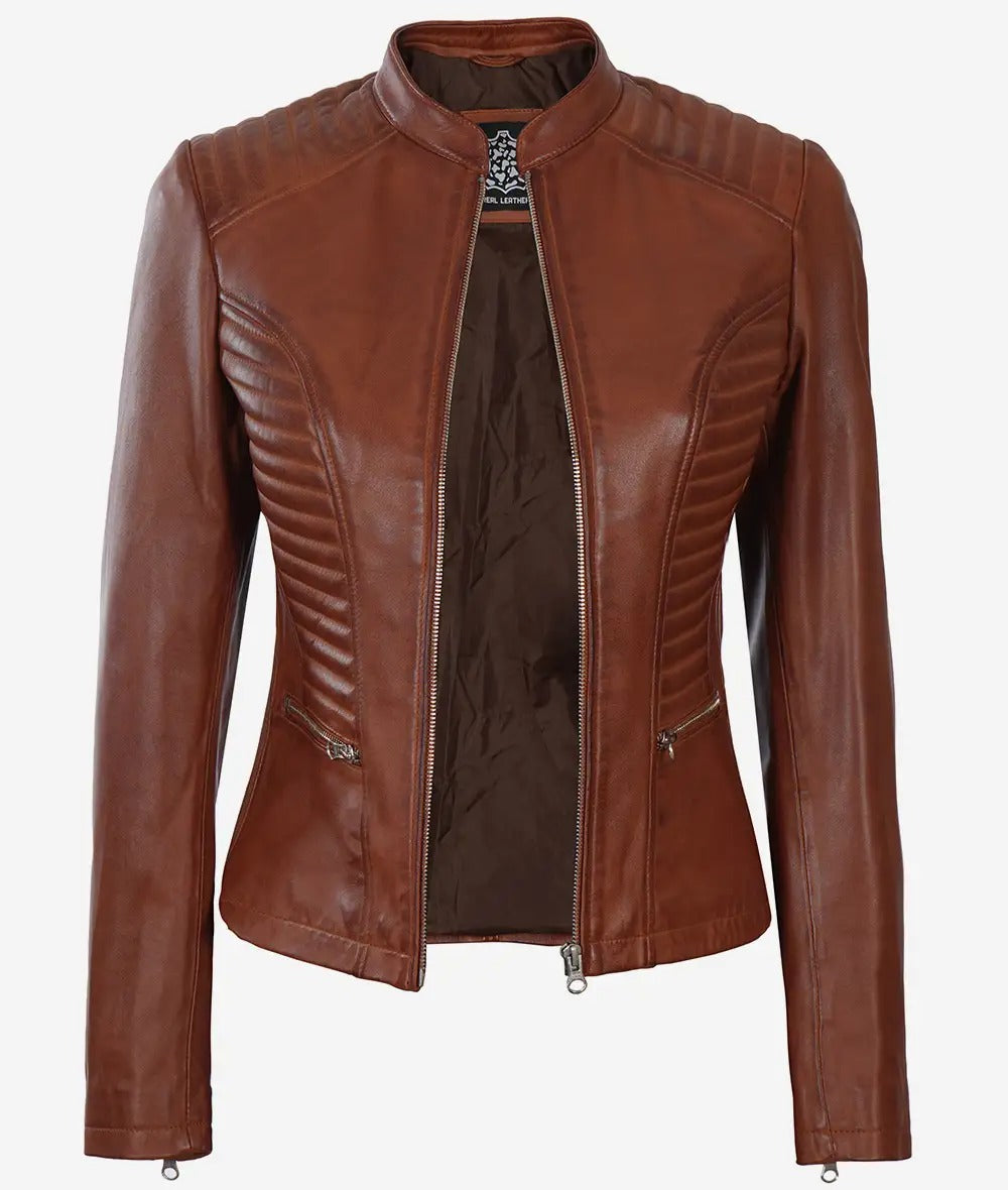 Womens Real Leather Slim Fit Cognac Biker Jacket