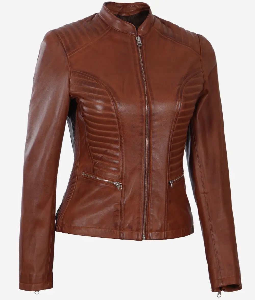 Womens Real Leather Slim Fit Cognac Biker Jacket