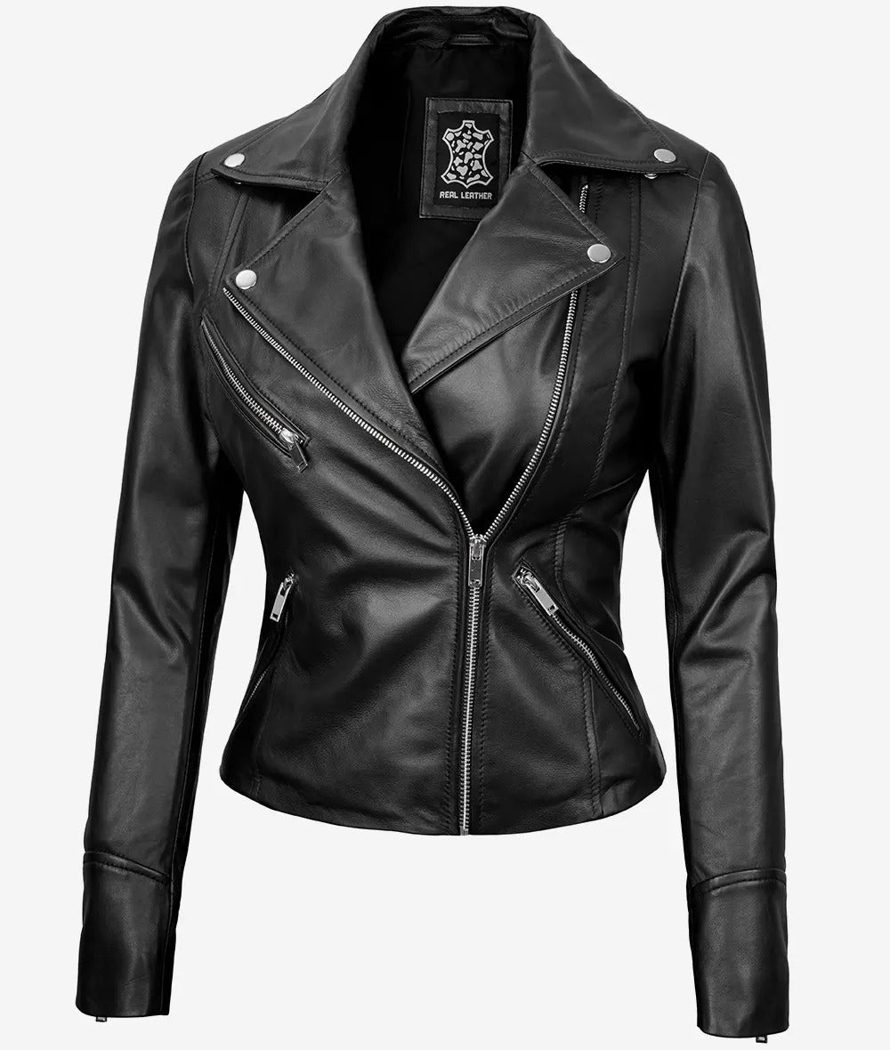 Rita Womens Asymmetrical Black Leather Moto Jacket