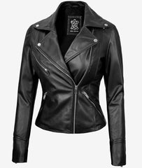 Rita Womens Asymmetrical Black Leather Moto Jacket