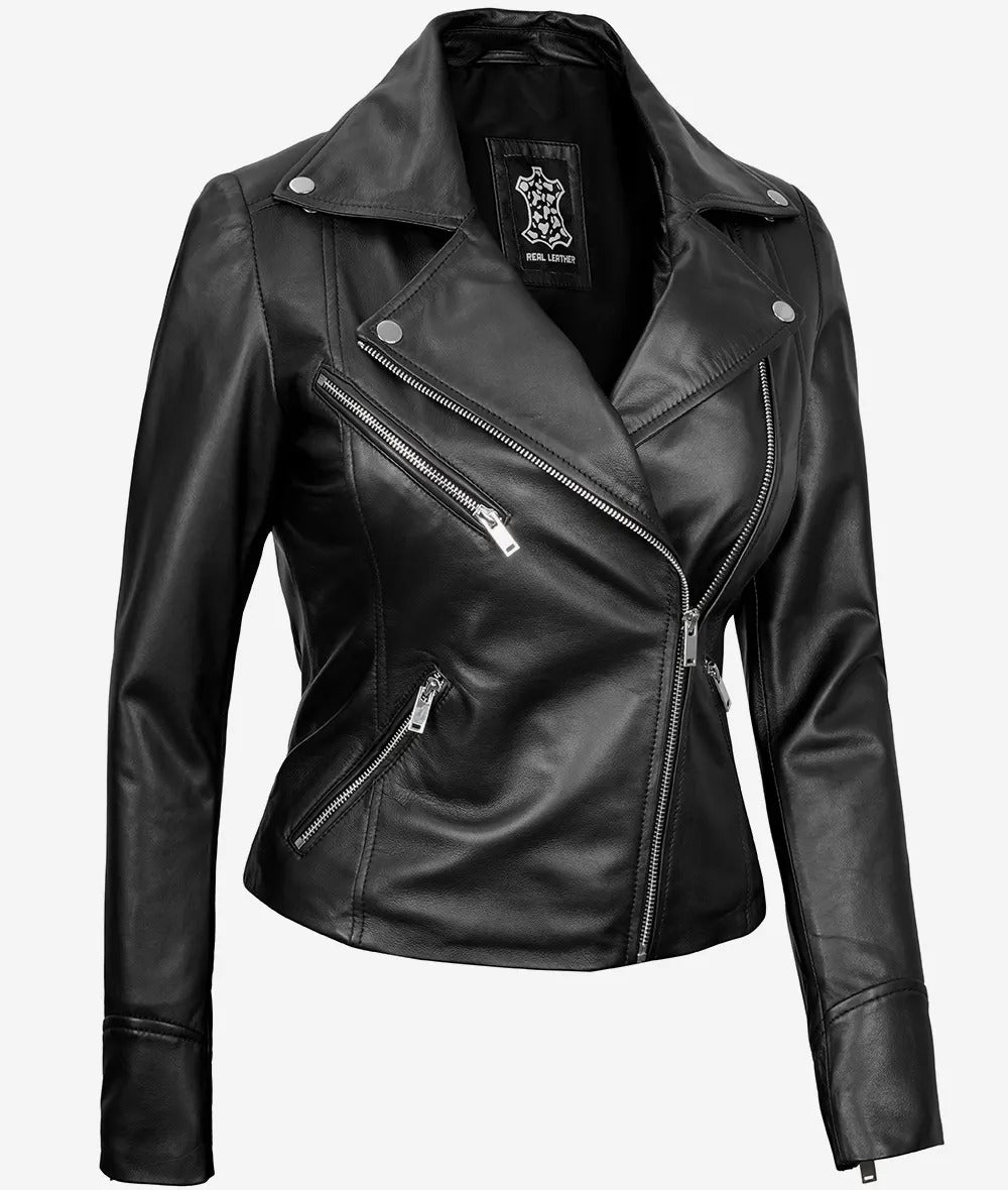 Rita Womens Asymmetrical Black Leather Moto Jacket