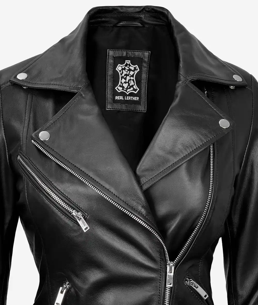 Rita Womens Asymmetrical Black Leather Moto Jacket