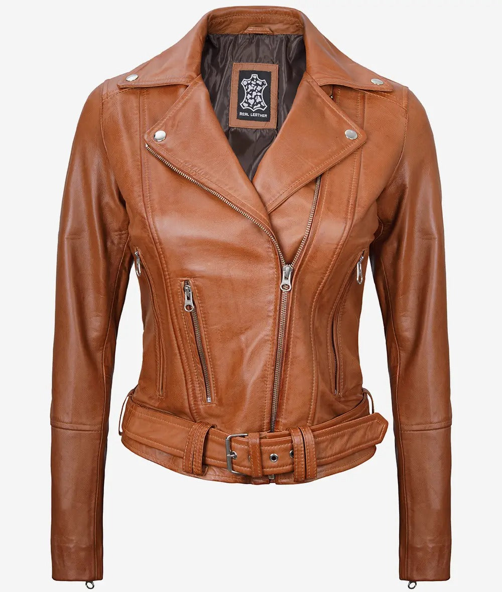 Women's Asymmetrical Belted Brown Leather Jacket