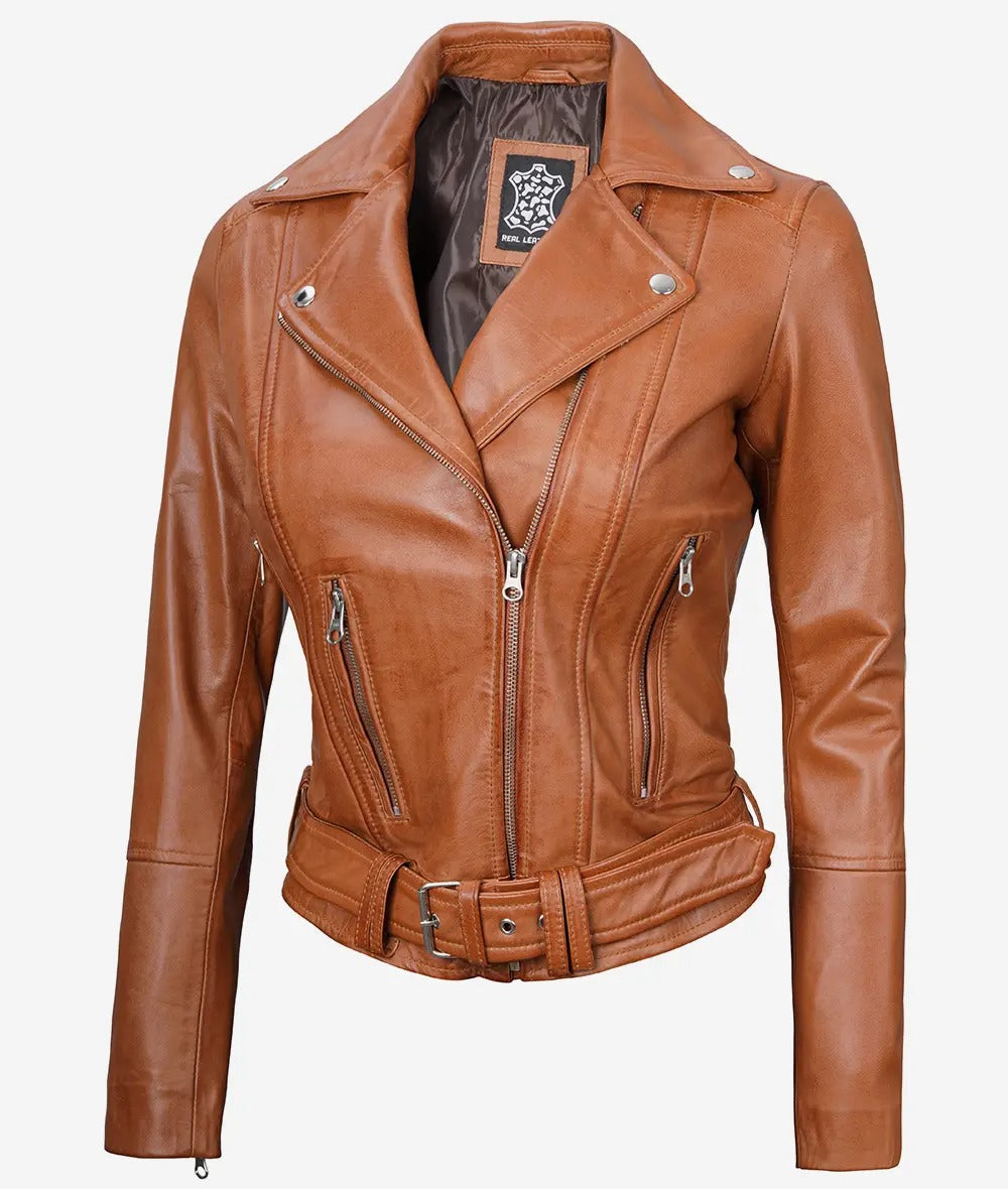 Women's Asymmetrical Belted Brown Leather Jacket