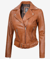 Women's Asymmetrical Belted Brown Leather Jacket