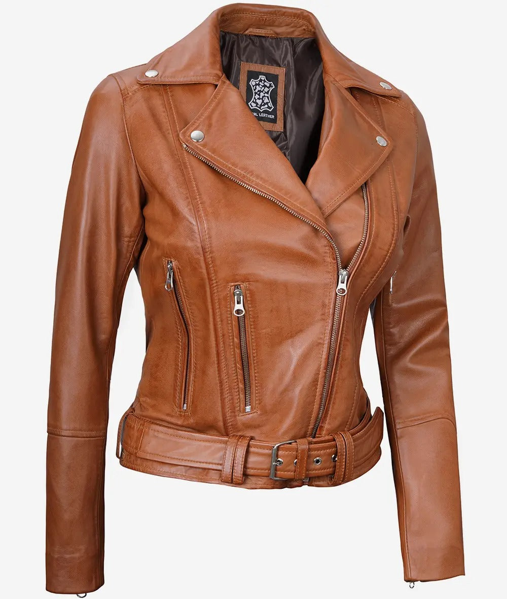 Women's Asymmetrical Belted Brown Leather Jacket