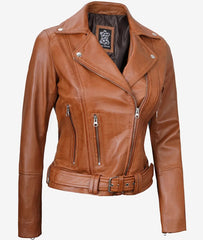 Women's Asymmetrical Belted Brown Leather Jacket