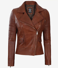 Women's Quilted Style Cognac Leather Moto Jacket