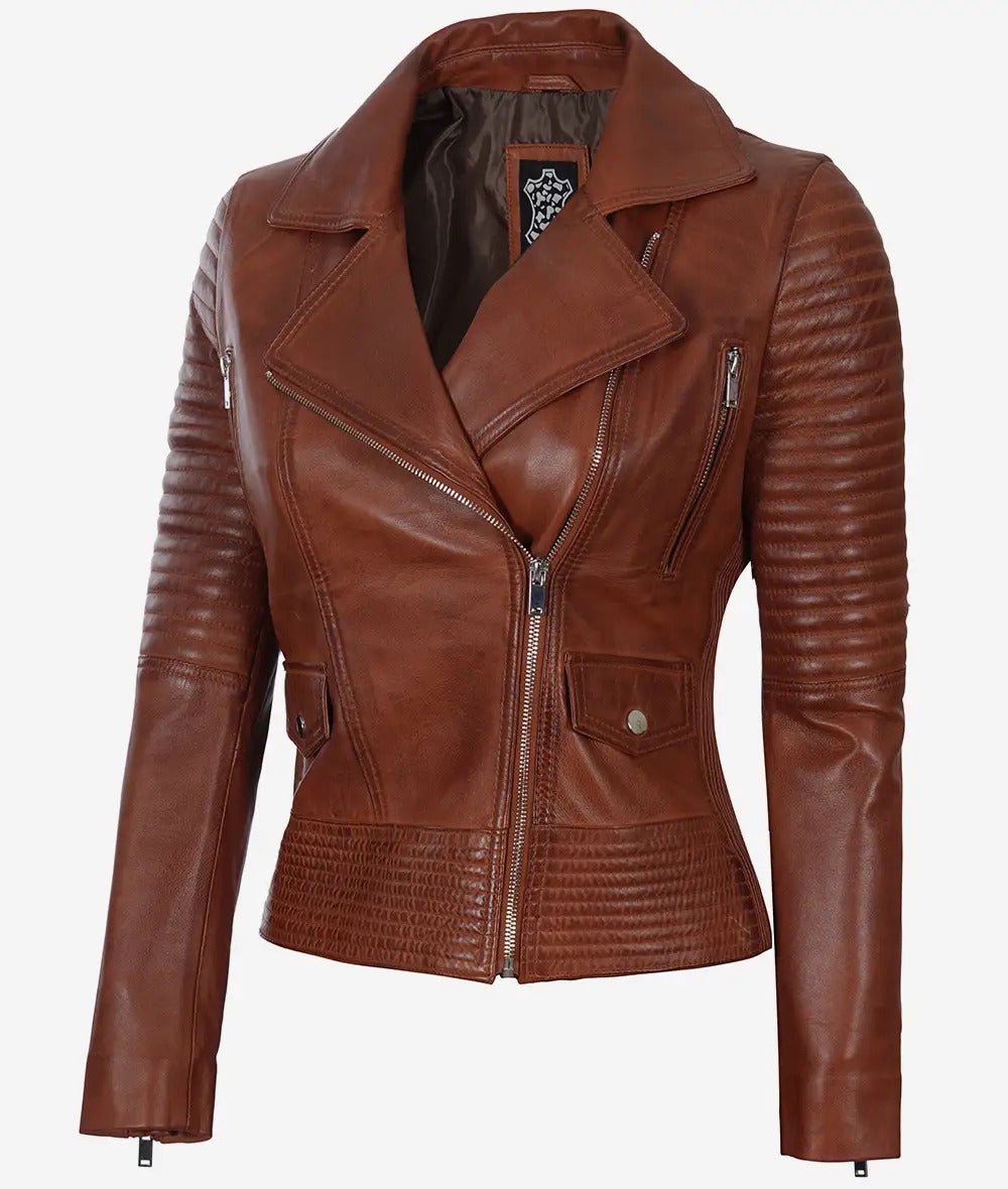 Women's Quilted Style Cognac Leather Moto Jacket