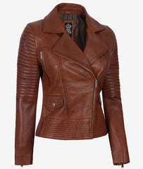 Women's Quilted Style Cognac Leather Moto Jacket