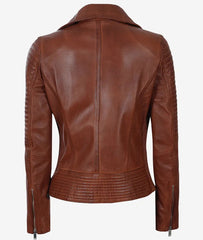 Women's Quilted Style Cognac Leather Moto Jacket