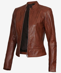 Womens Slim Fit Cognac Leather Biker Jacket