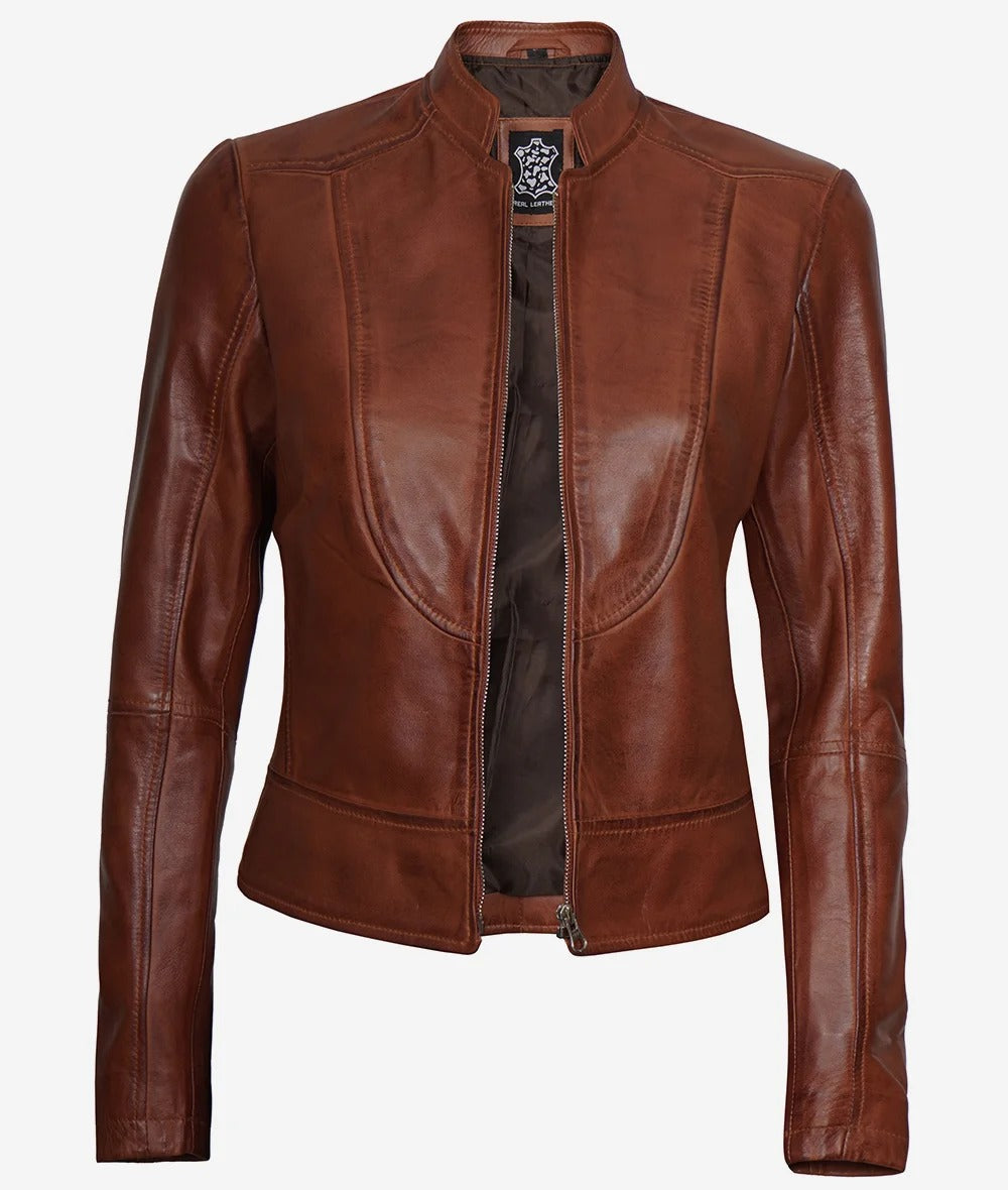 Womens Slim Fit Cognac Leather Biker Jacket