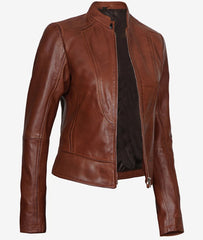 Womens Slim Fit Cognac Leather Biker Jacket