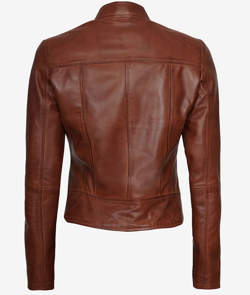 Womens Slim Fit Cognac Leather Biker Jacket