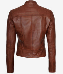 Womens Slim Fit Cognac Leather Biker Jacket