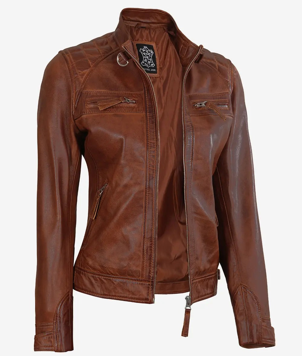 Womens Cognac Leather Biker Jacket