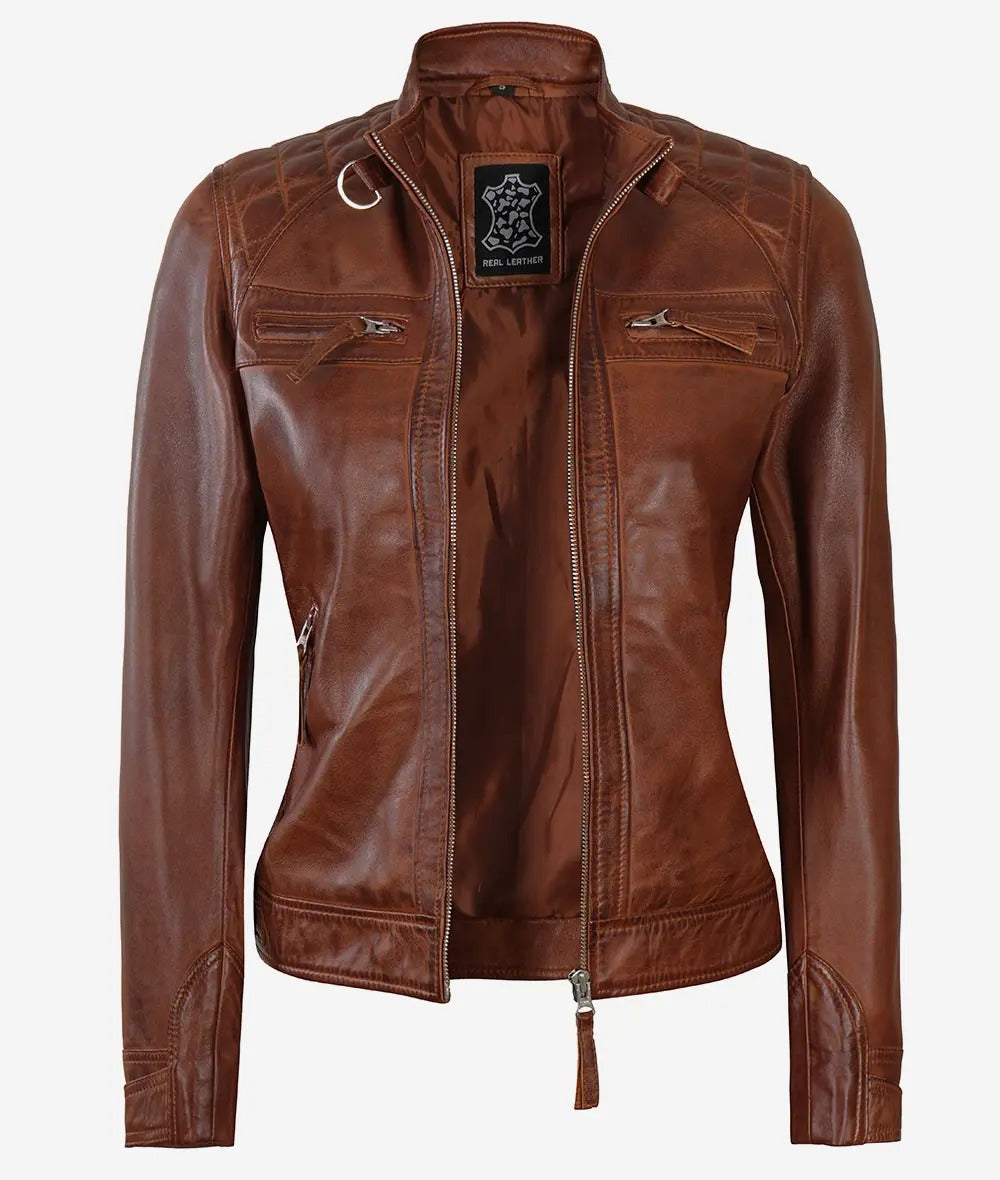 Womens Cognac Leather Biker Jacket