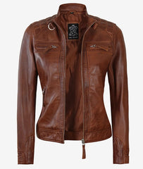 Womens Cognac Leather Biker Jacket