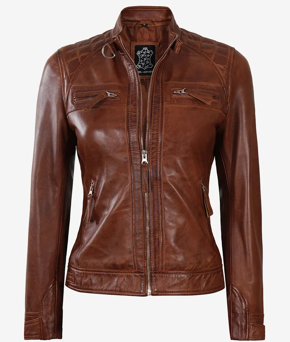 Womens Cognac Leather Biker Jacket