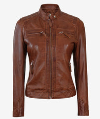 Womens Cognac Leather Biker Jacket