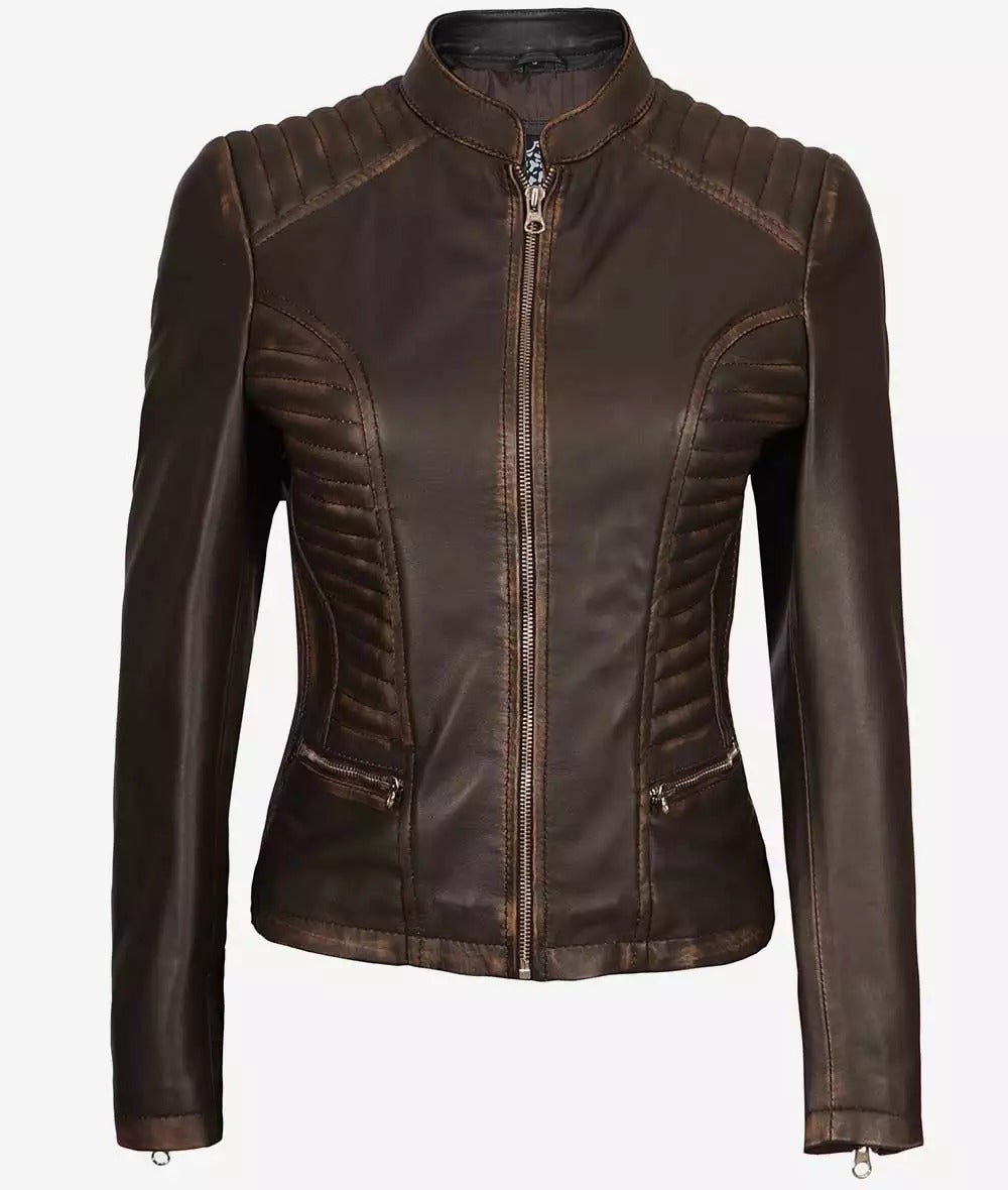 Rachel Womens Slim Fit Ruboff Brown Leather Jacket