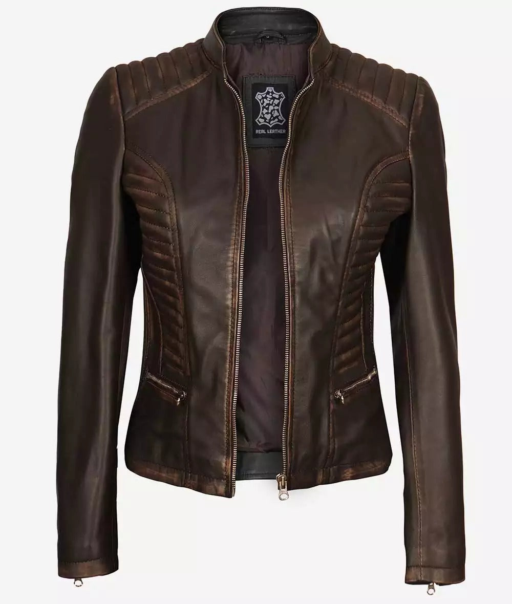 Rachel Womens Slim Fit Ruboff Brown Leather Jacket