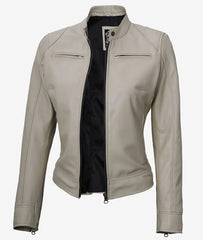 Dodge Beige Cafe Racer Leather Jacket for Women