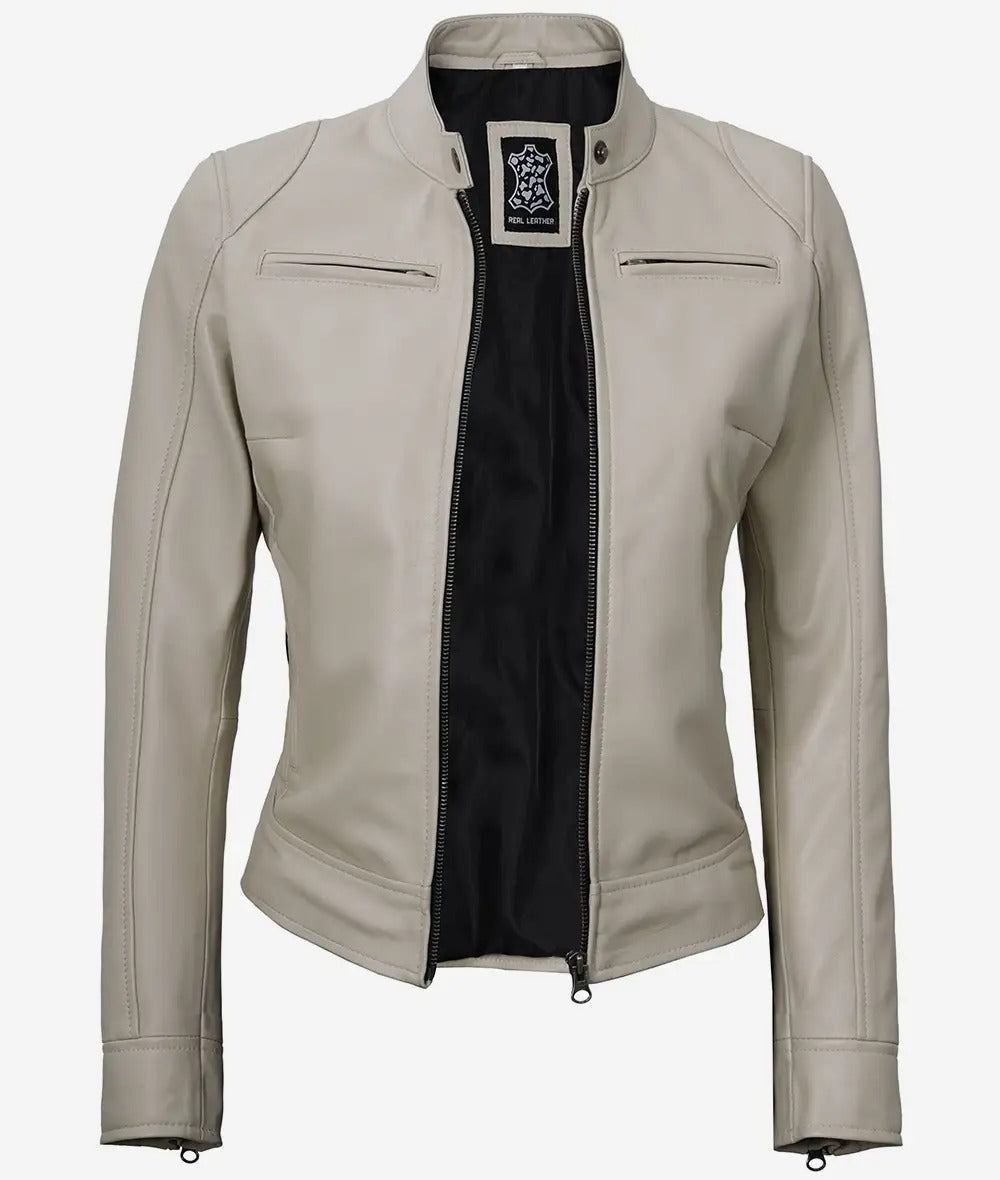 Dodge Beige Cafe Racer Leather Jacket for Women